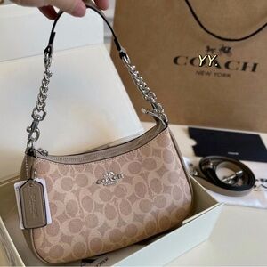Coach Pink Beige Signature Canvas Shoulder Bag with Chain Strap